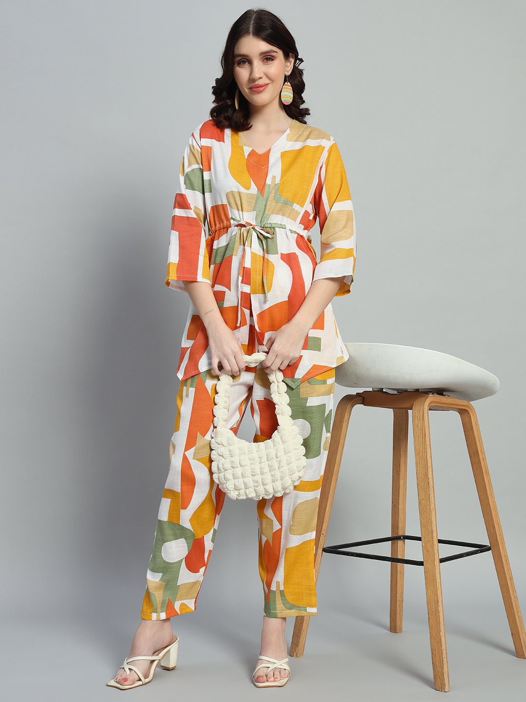 Women Orange green Floral Printed V Neck Co-Ords