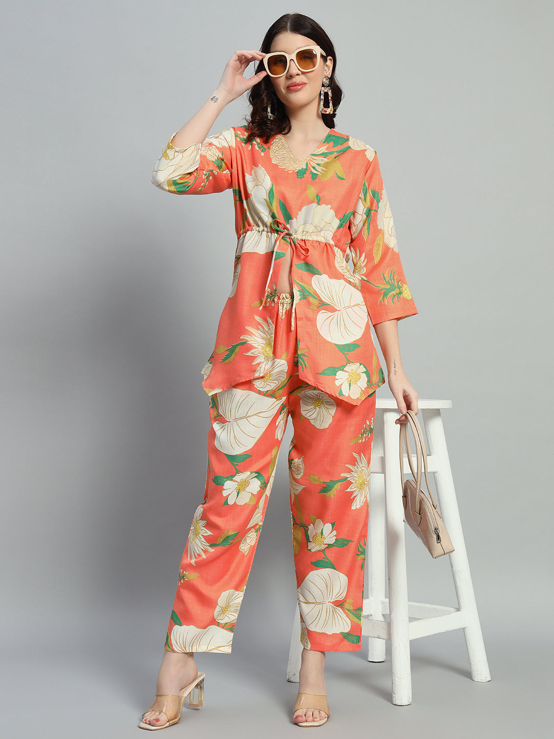 Women Orange Floral Printed V Neck Co-Ords