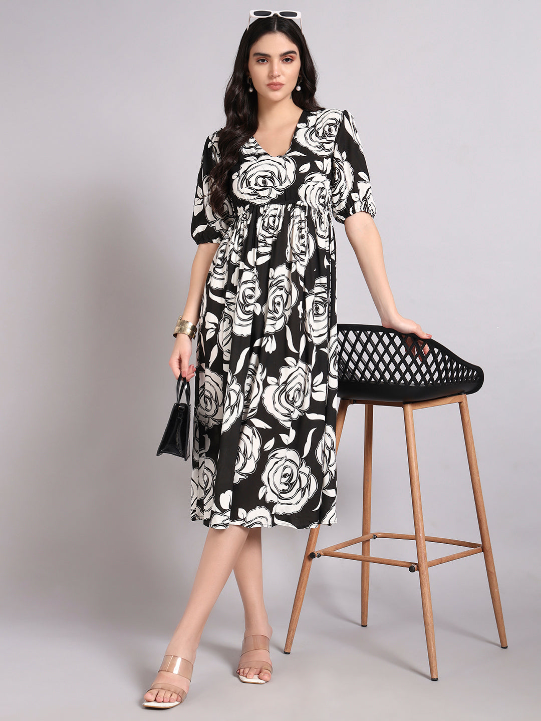 Women Floral Print Puff Sleeve Fit & Flare Midi Dress