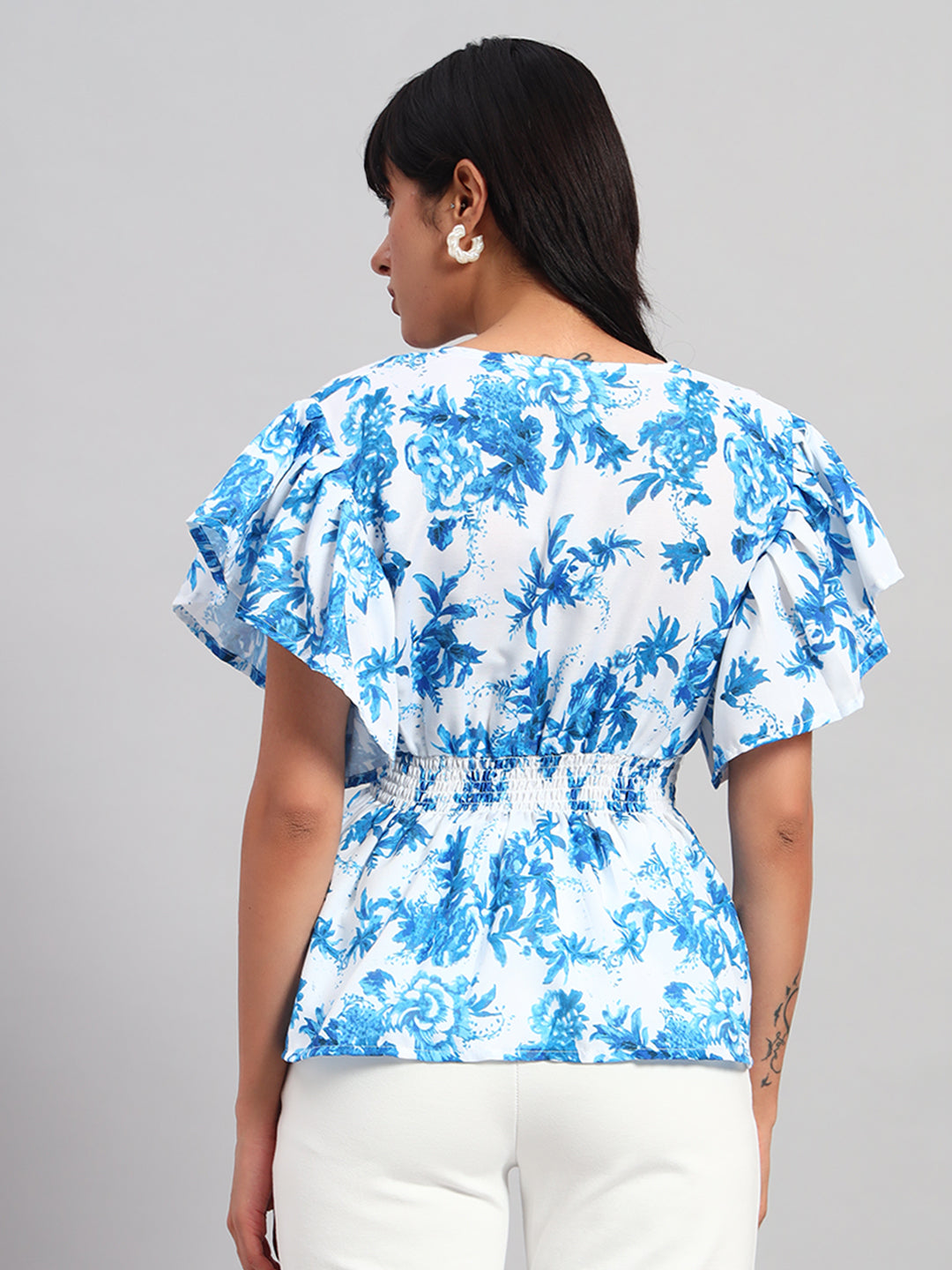 Women Blue & White Round Neck Peplum Top