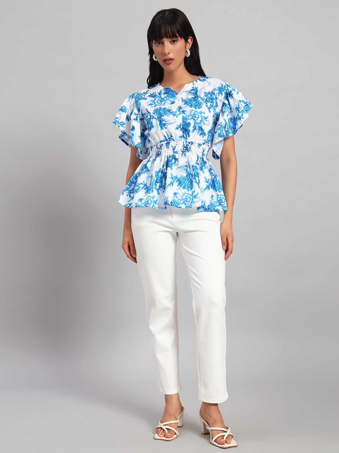 Women Blue & White Round Neck Peplum Top