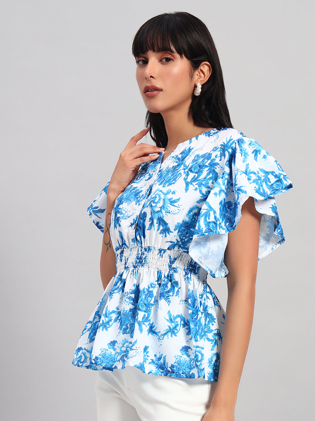 Women Blue & White Round Neck Peplum Top