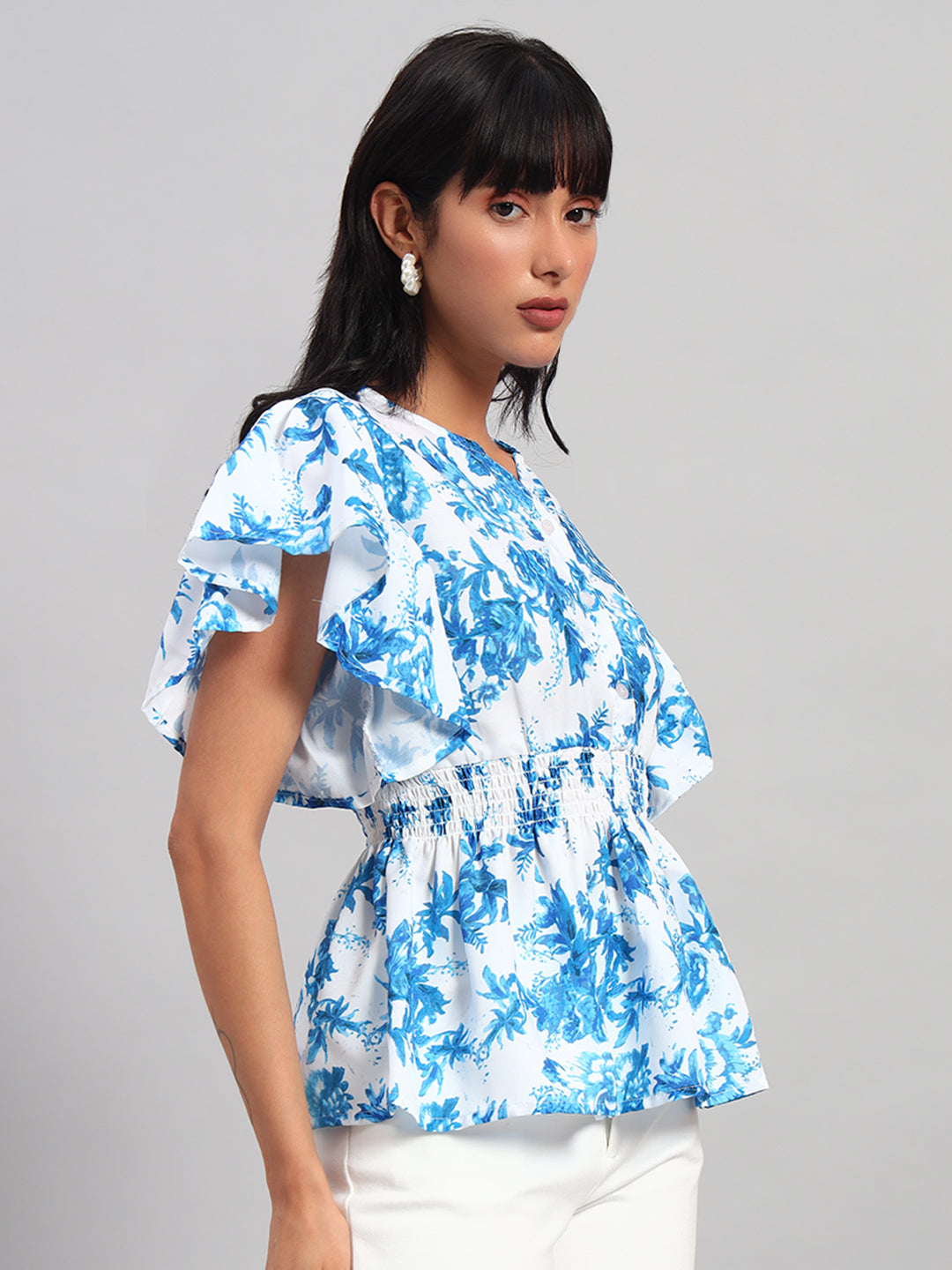 Women Blue & White Round Neck Peplum Top