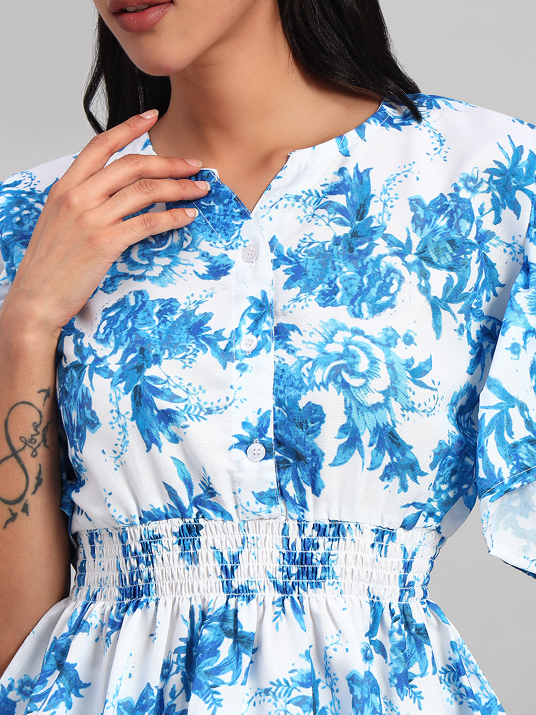 Women Blue & White Round Neck Peplum Top