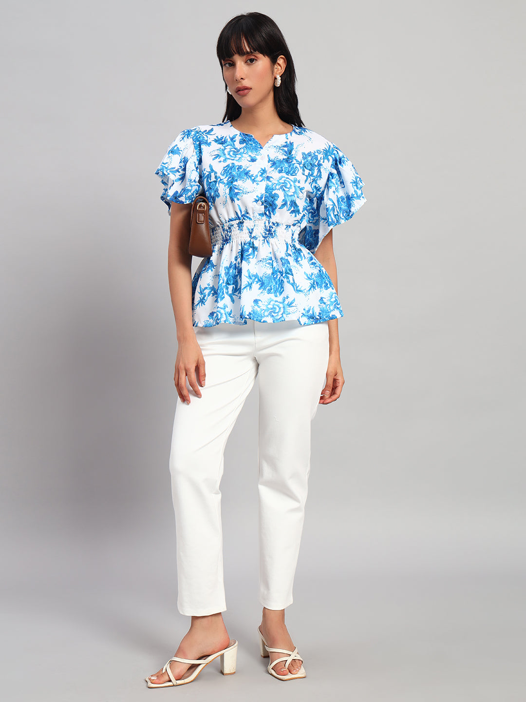 Women Blue & White Round Neck Peplum Top
