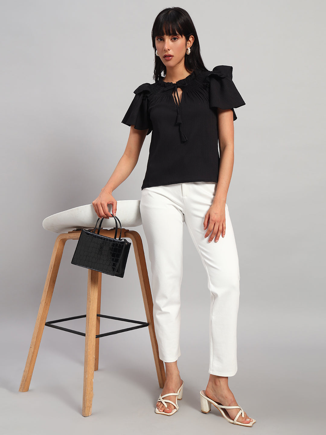Women Black Smocked Round Neck Regular