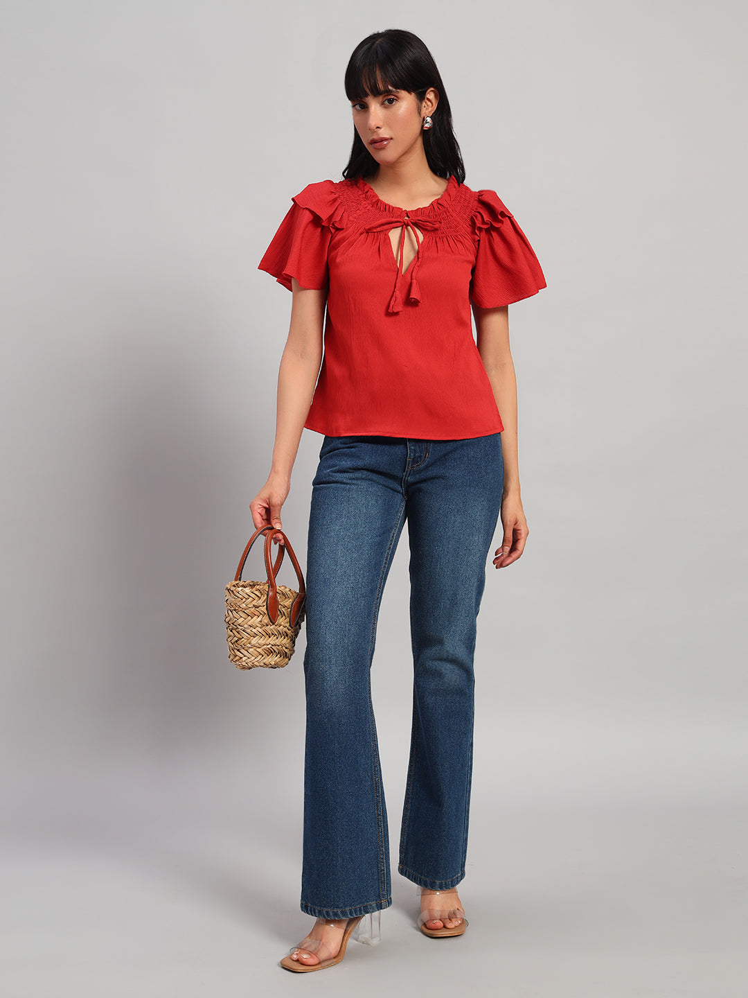 Women Red Smocked Round neck Regular Top