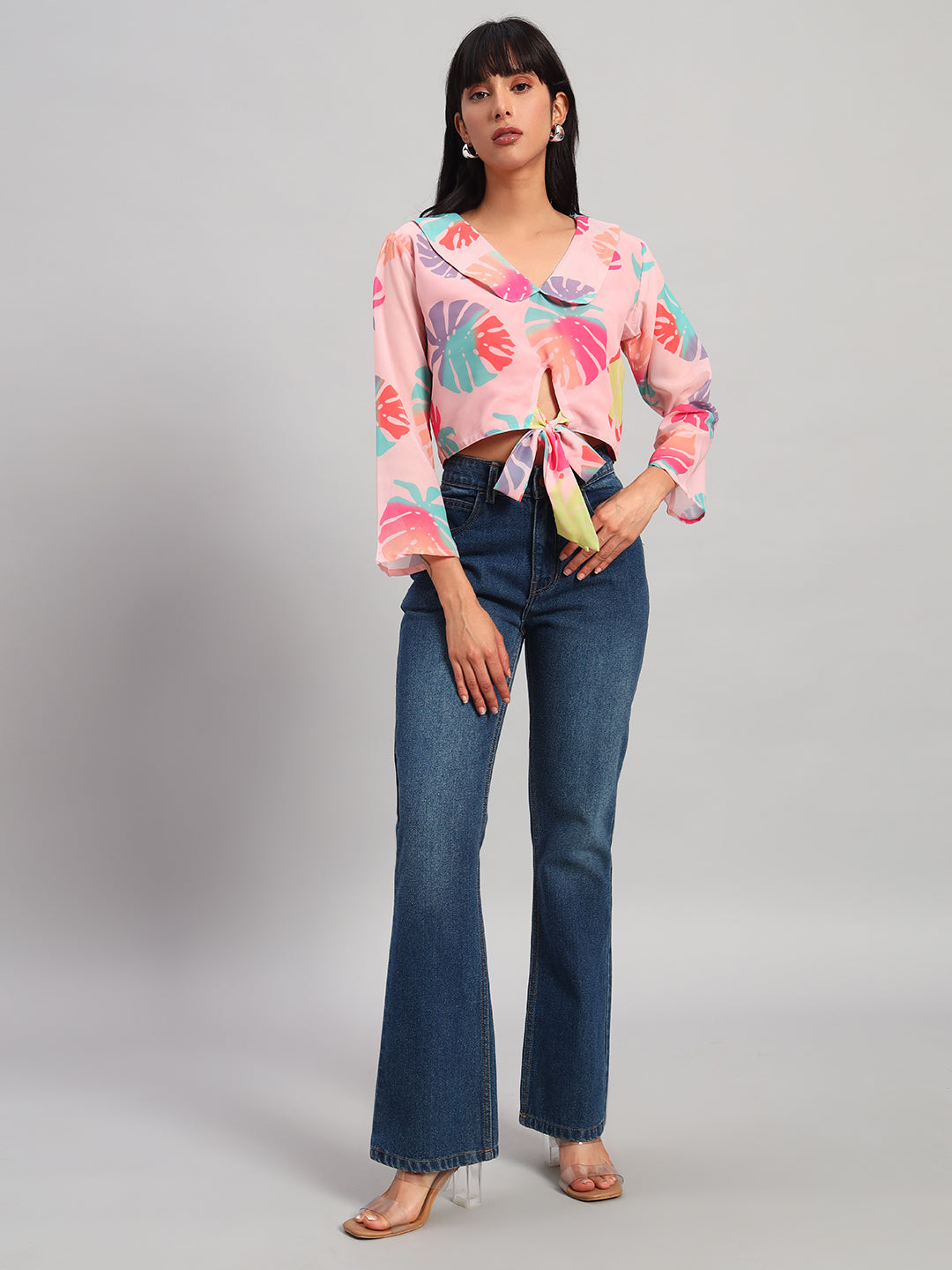 Women Peach V-Neck Front Knot Crop Top