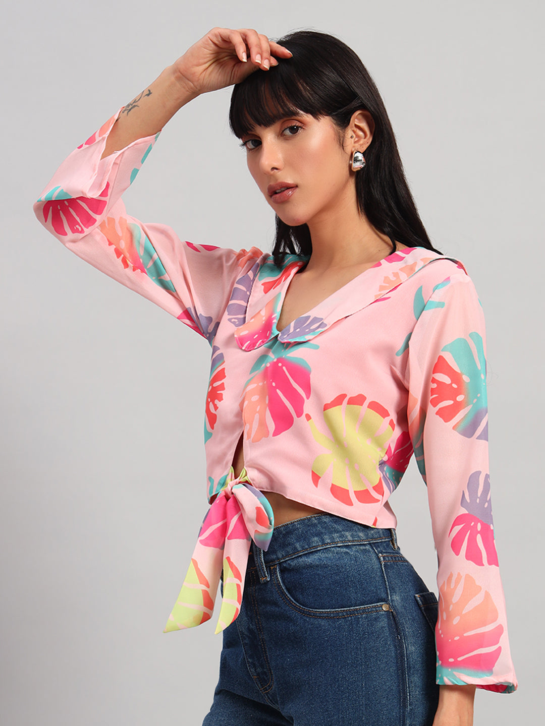 Women Peach V-Neck Front Knot Crop Top