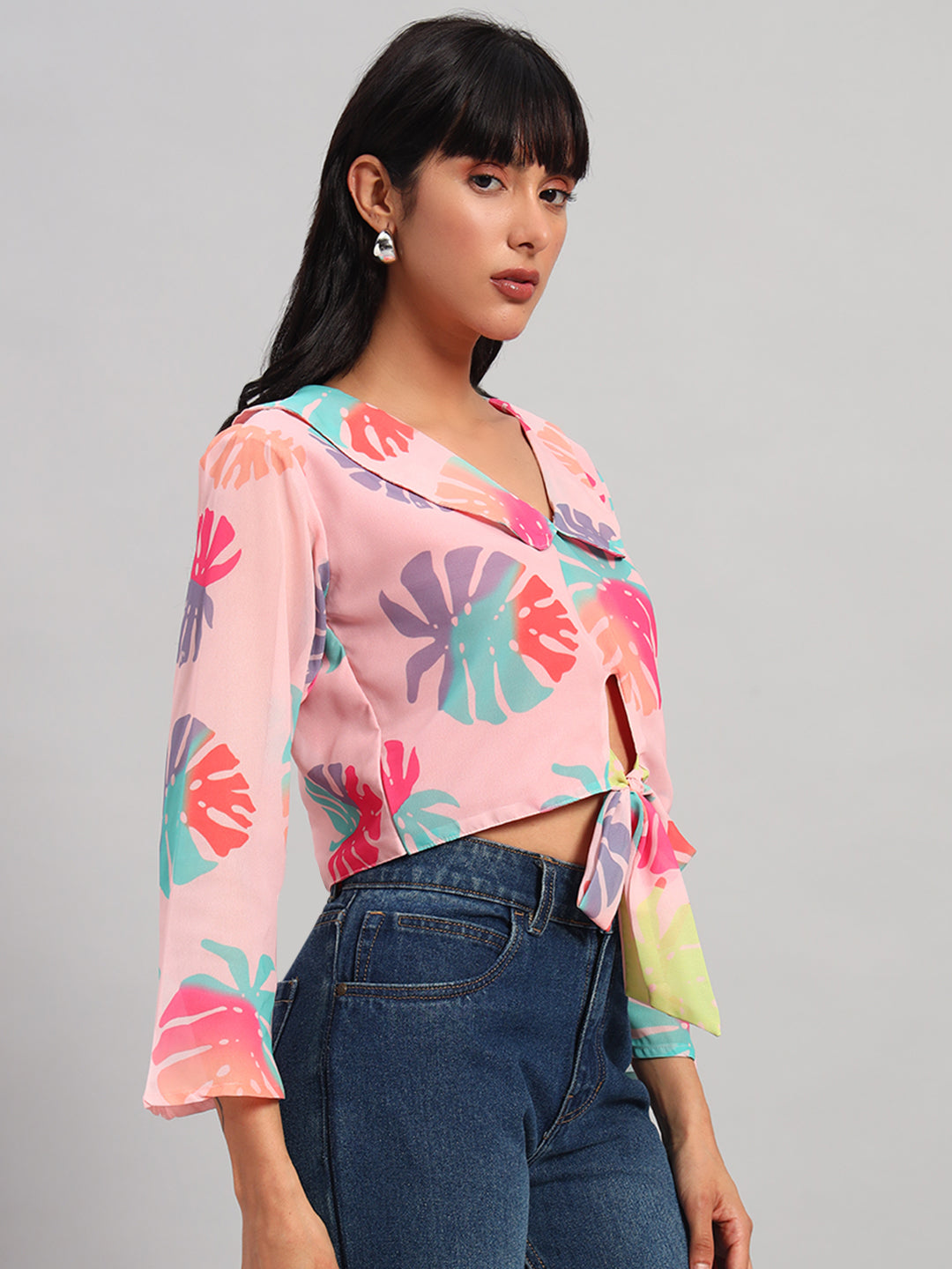 Women Peach V-Neck Front Knot Crop Top
