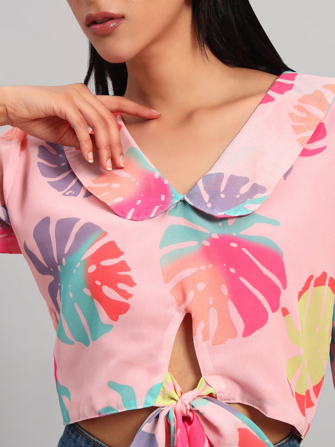 Women Peach V-Neck Front Knot Crop Top
