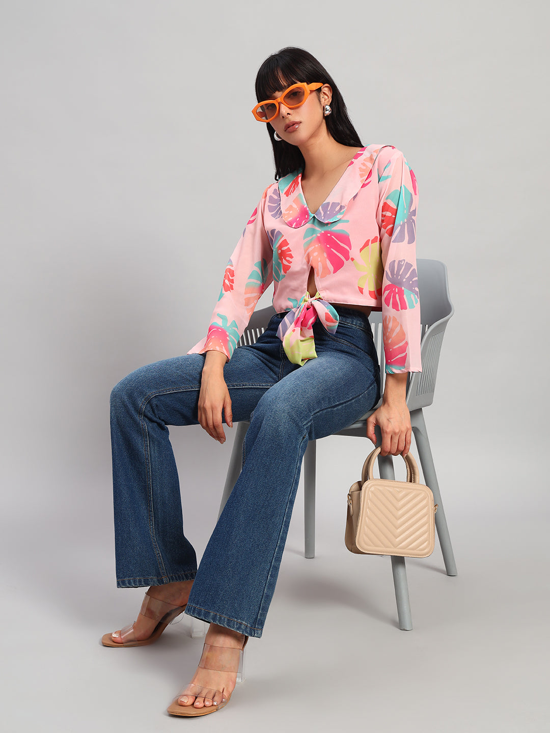 Women Peach V-Neck Front Knot Crop Top