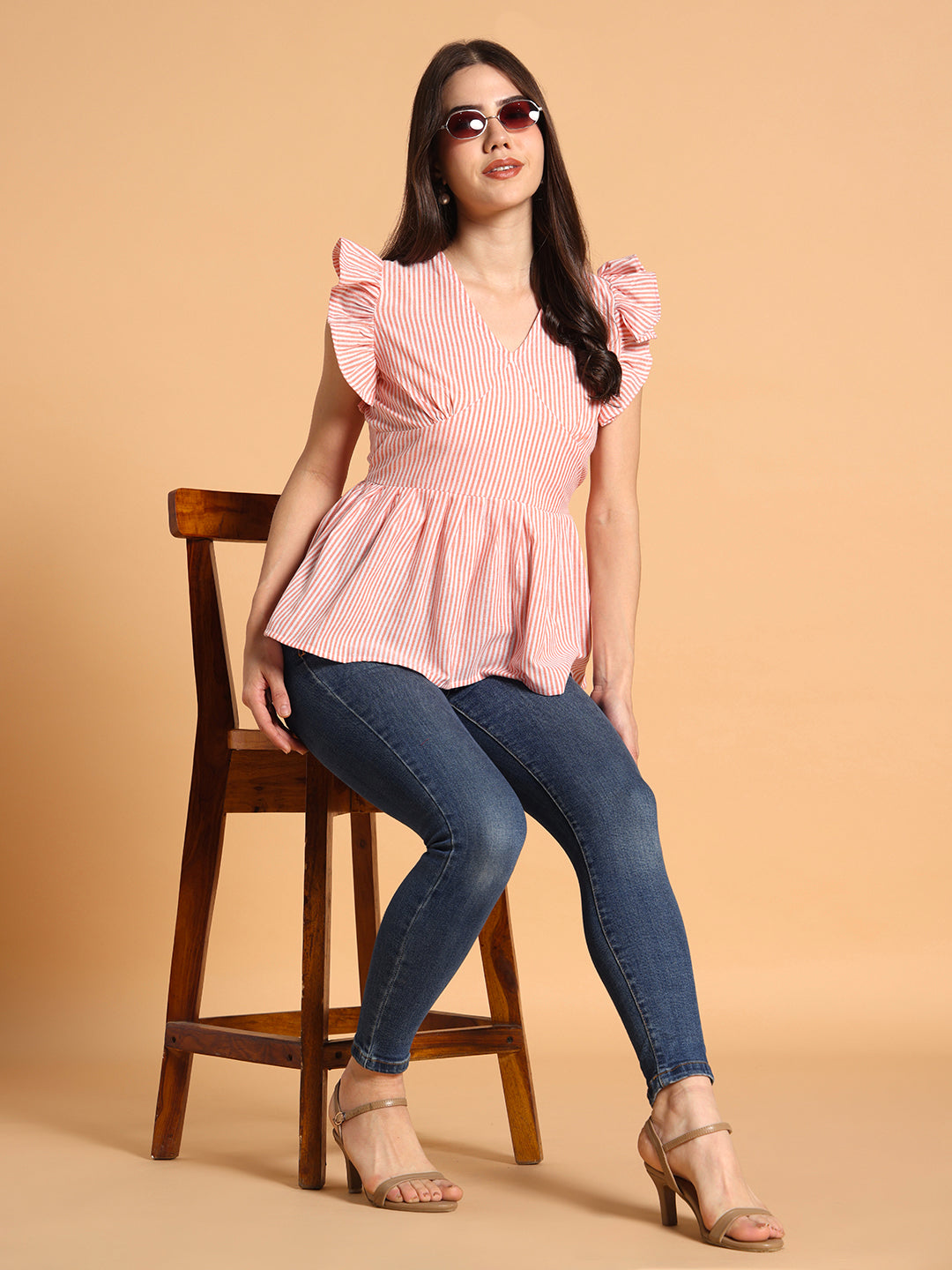 Peach Striped detailing Peplum Top For women