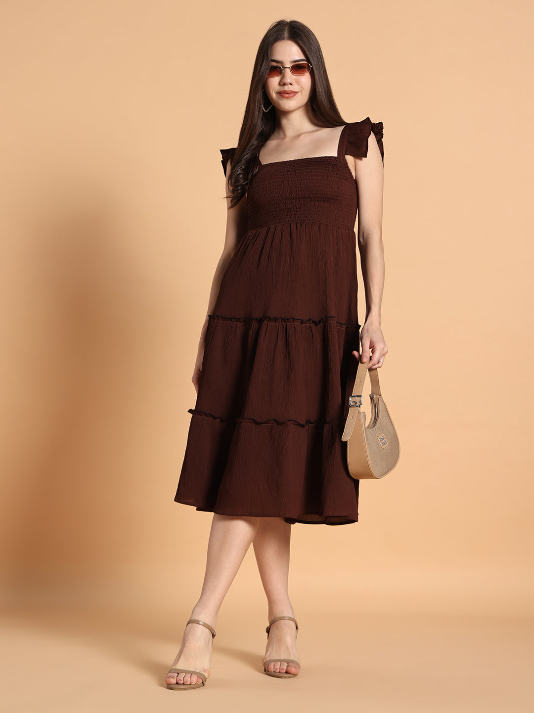 Stylish Latest Women Solid Brown fit & Flared Dress
