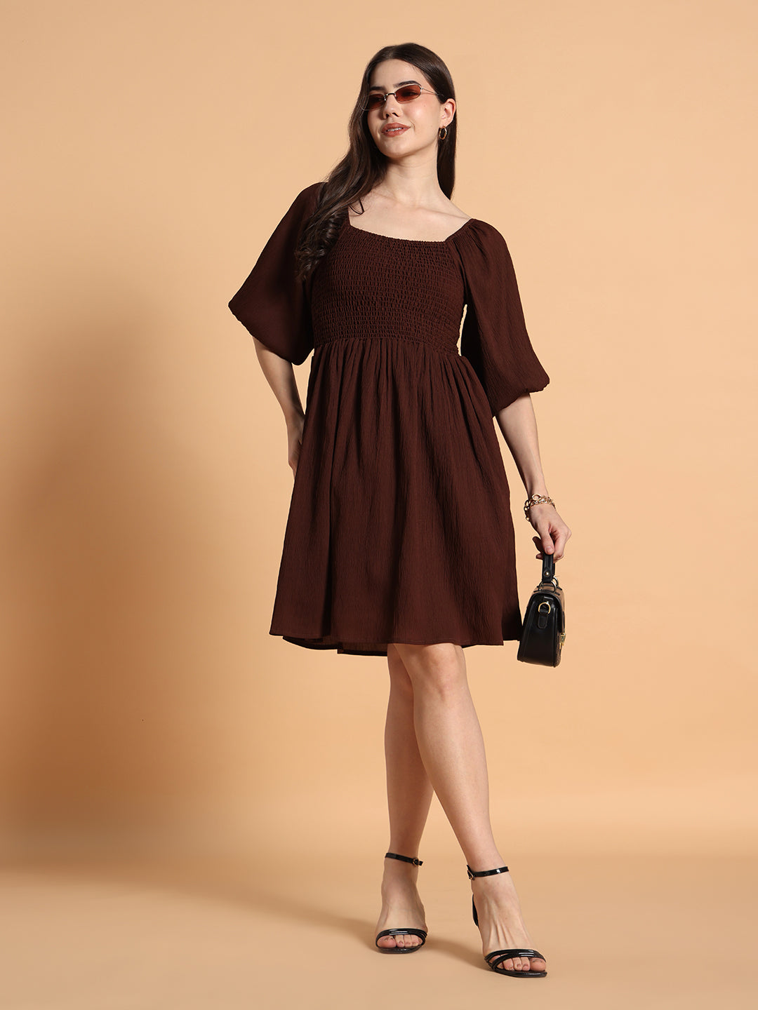 Women solid Smocking Flared Dress