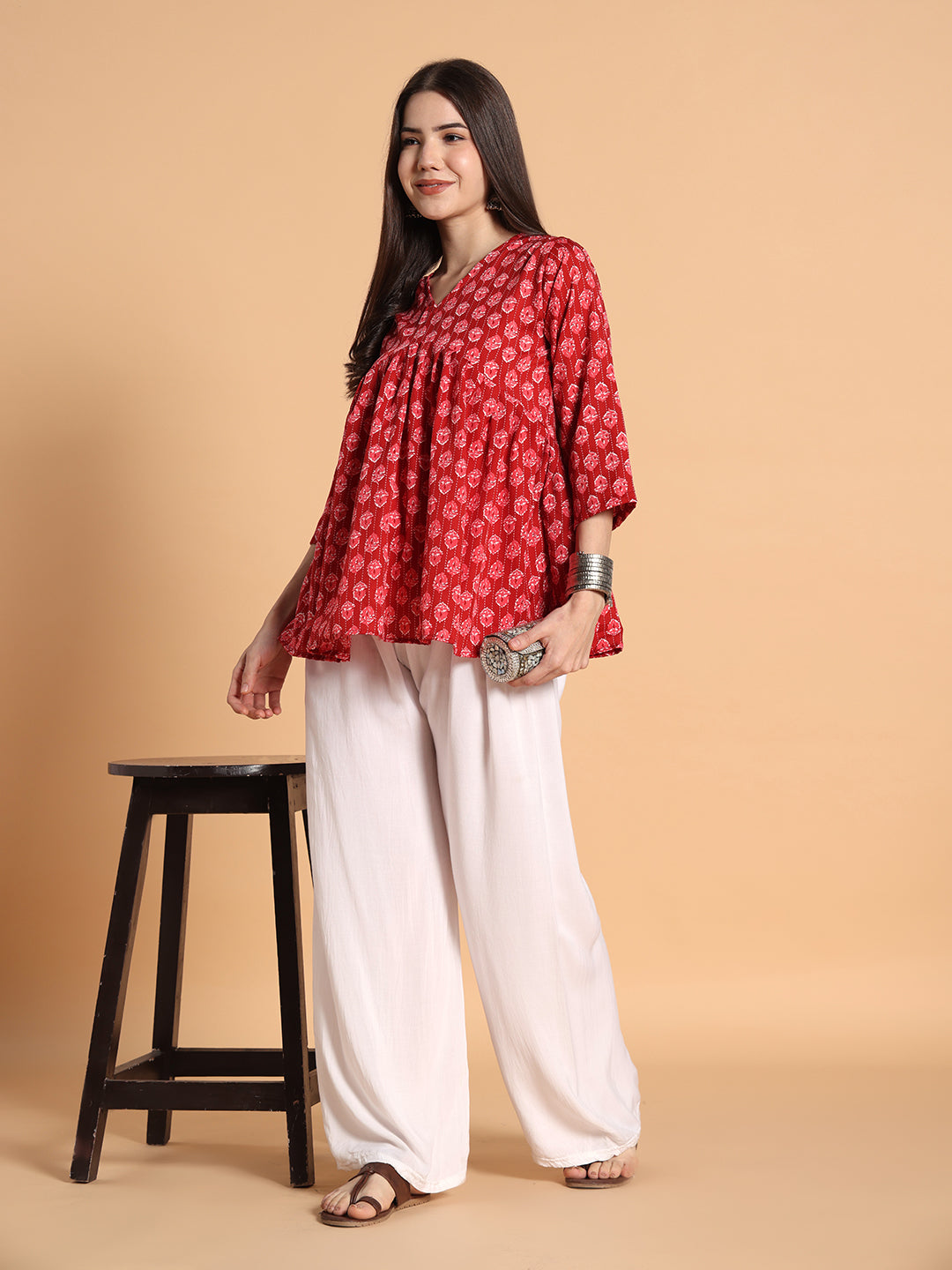 Women Floral Printed Red Tunic Top