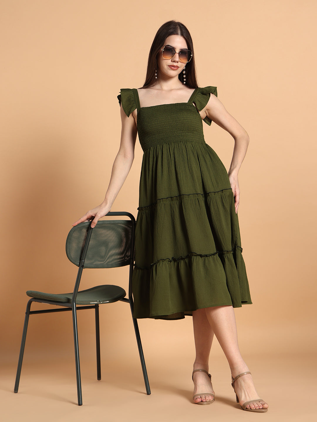 Women Solid Olive Green fit & Flared Dress