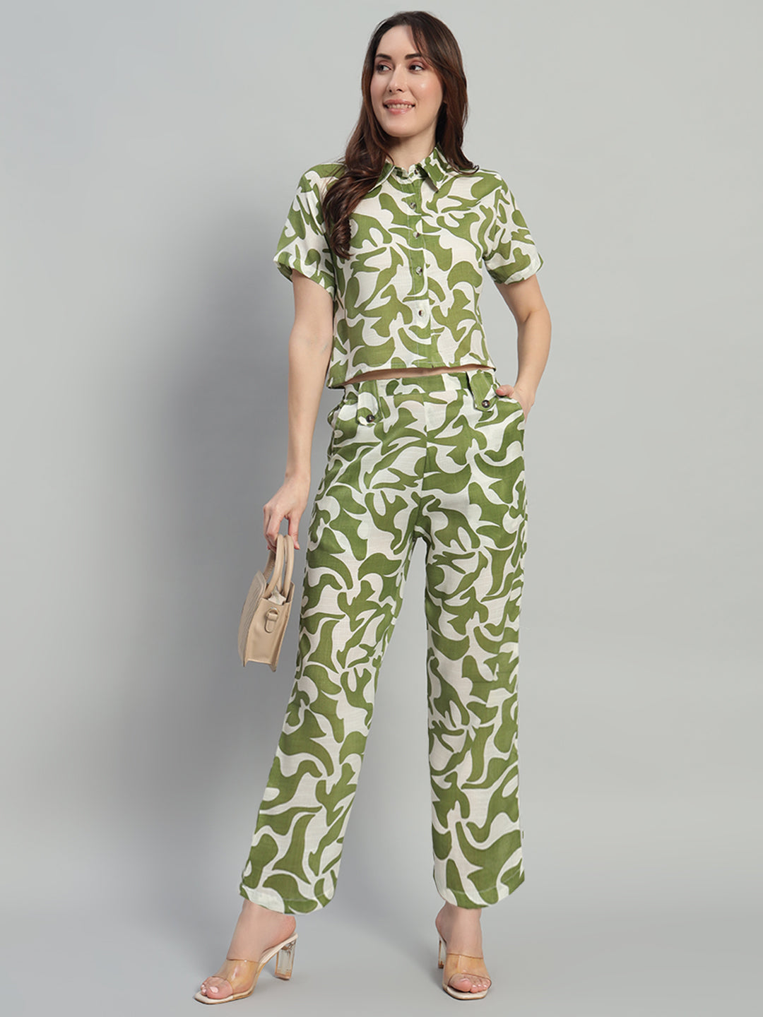 Women Olive Green Printed Shirt Co-Ords