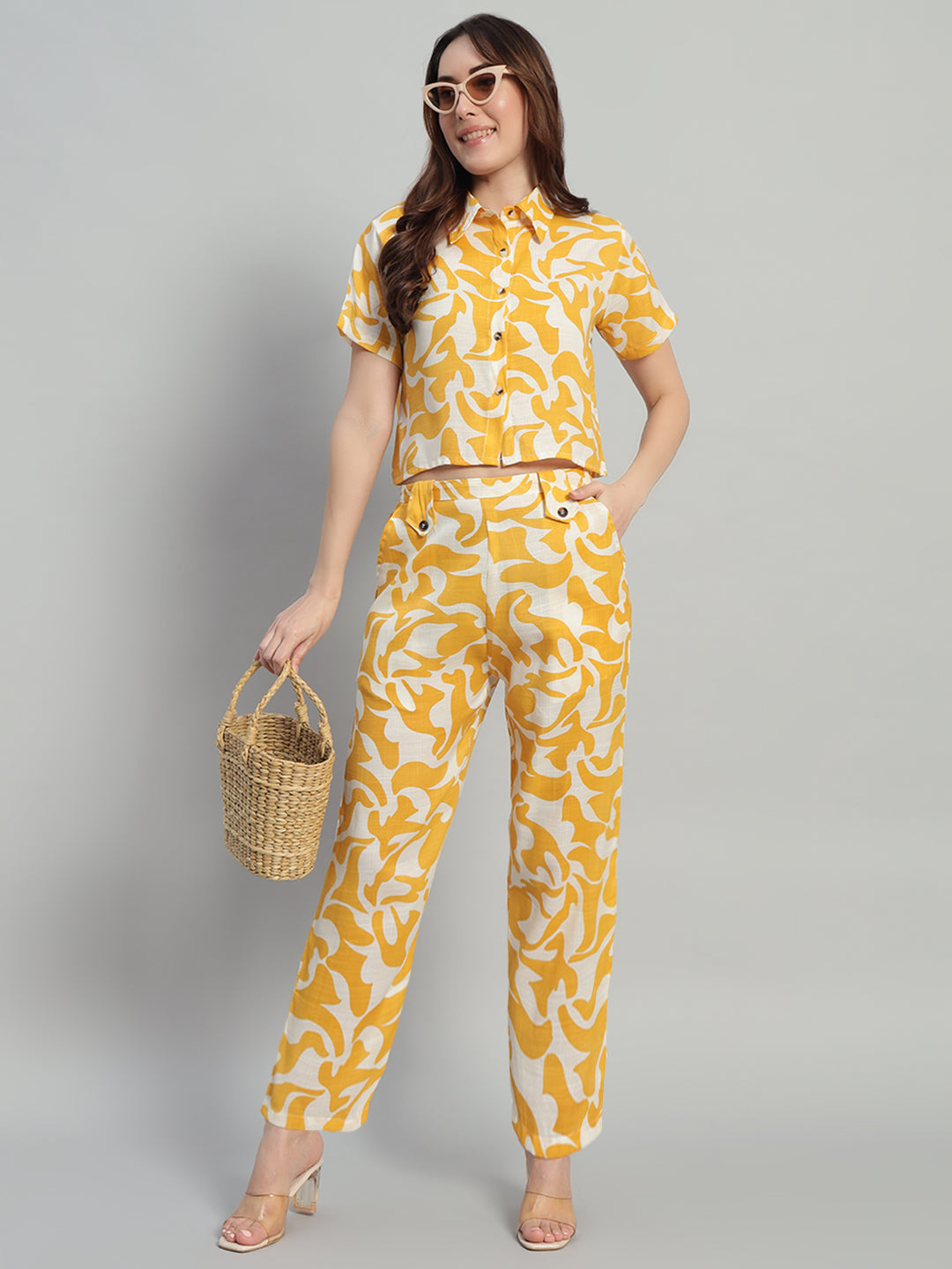 Women Yellow Printed Shirt Co-Ords