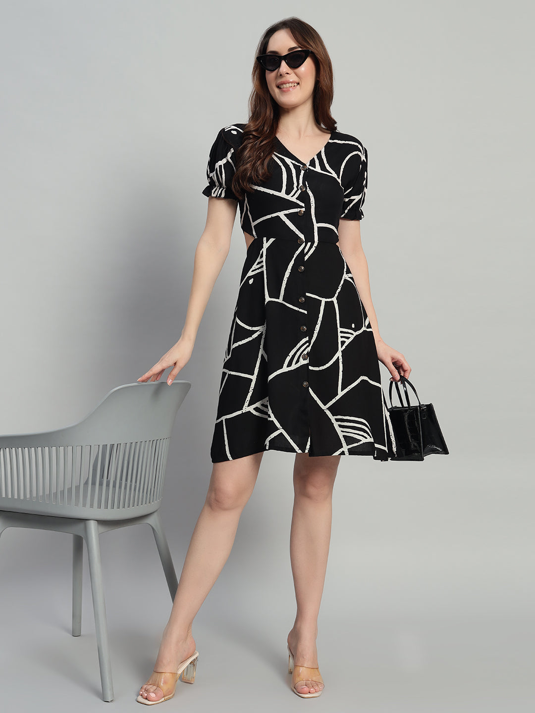 Women Black Abstract Short Flared Dress