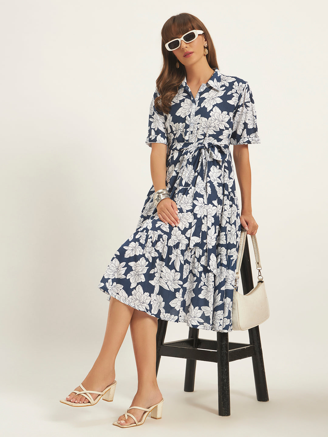 Women Navy Blue Rayon Printed Flared Dress