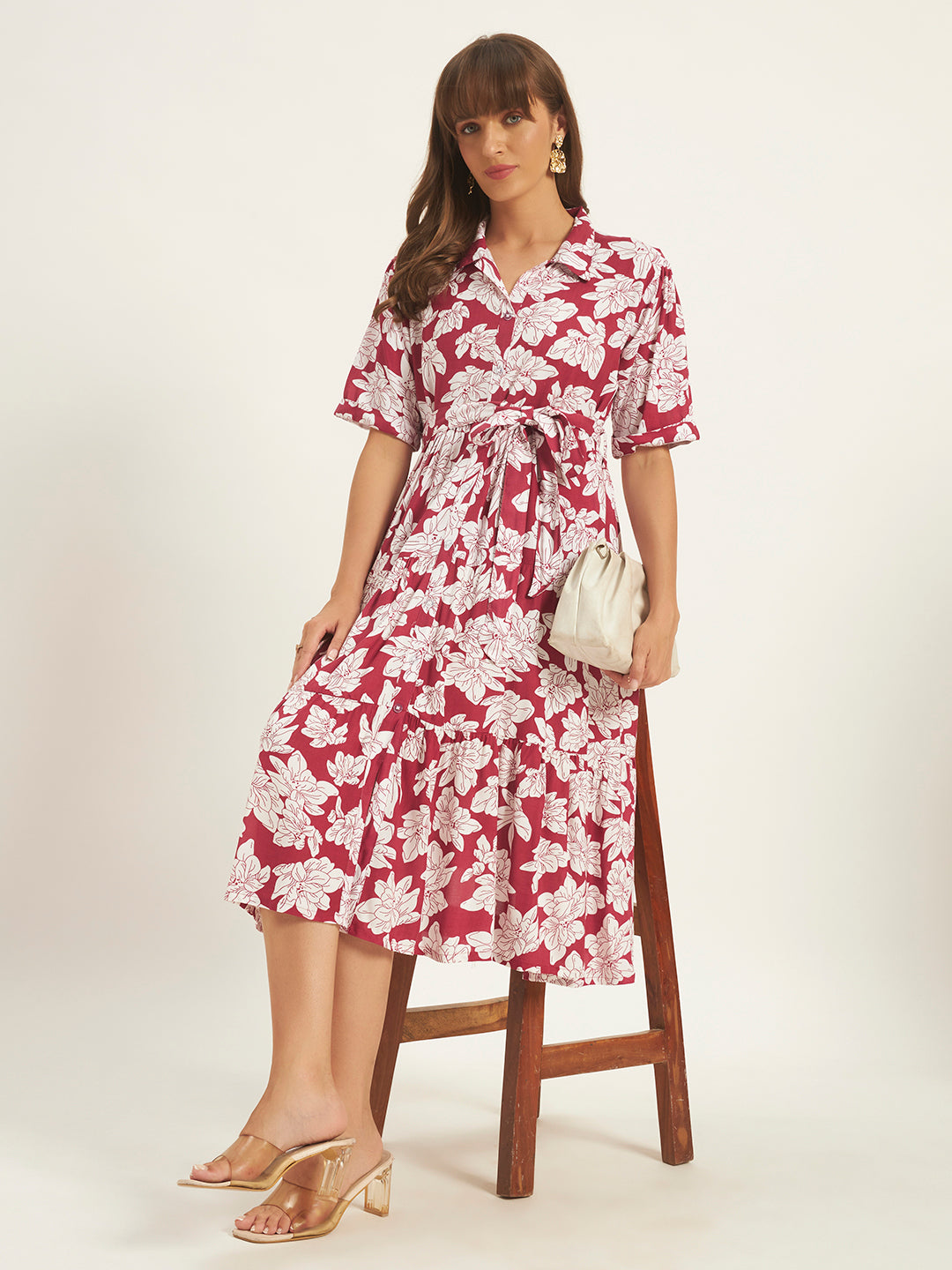 Women Maroon Rayon Printed Flared Dress