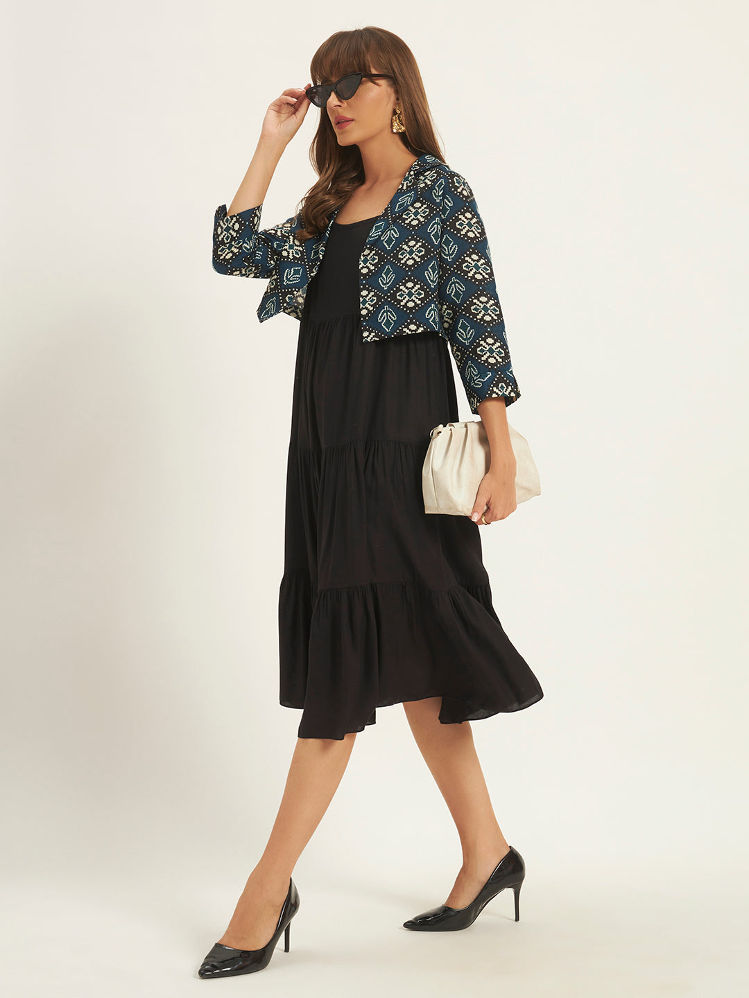 Women Black Fit & Flared Dress With Printed Jacket