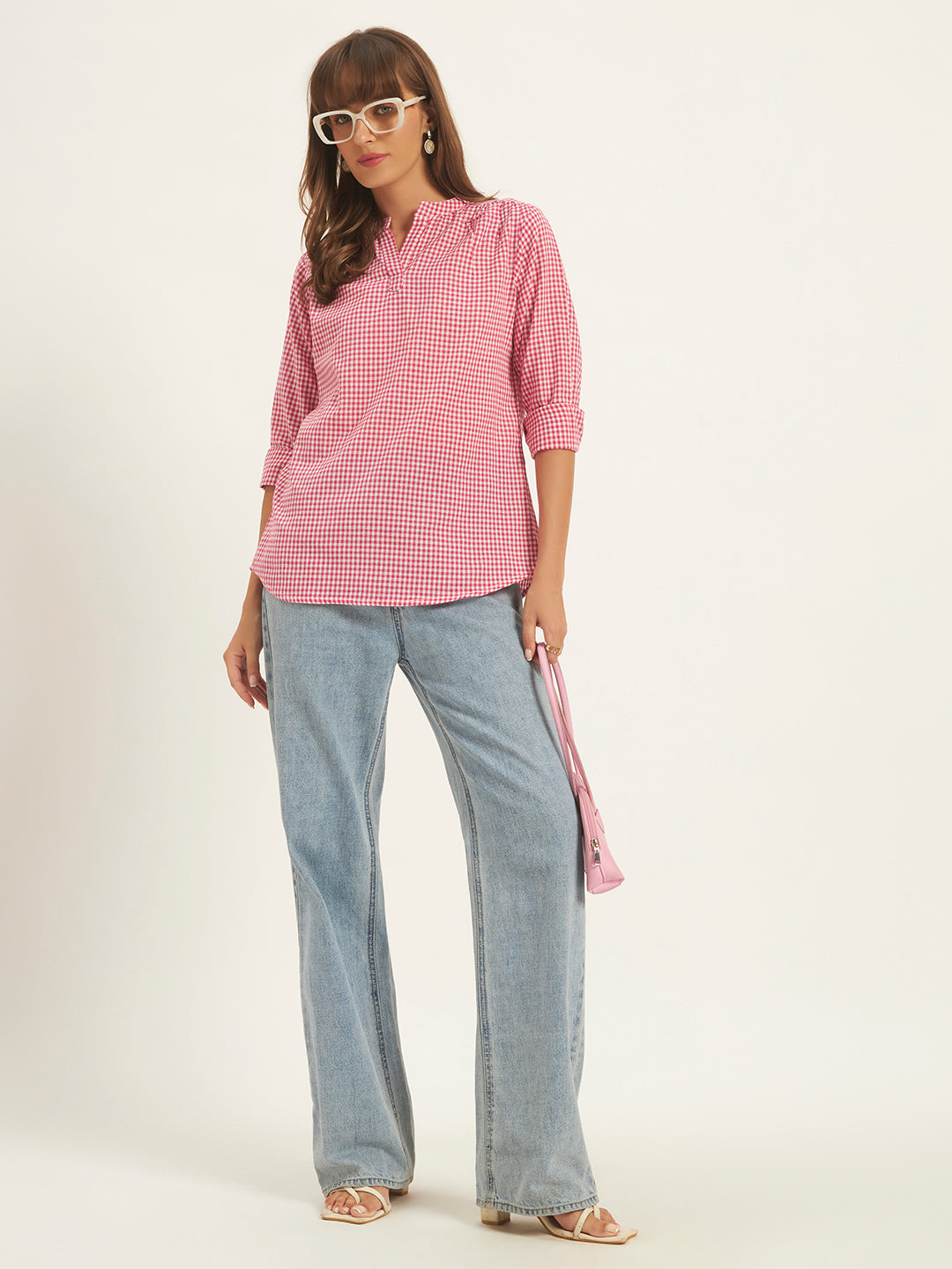 Women Pink & White Checks Mandarin collar Shirt Top