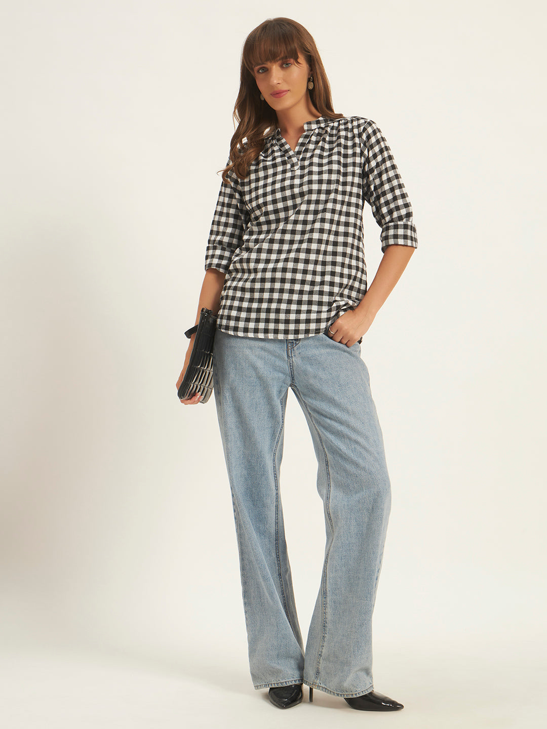 Women Black & White Checks Mandarin collar Shirt Top