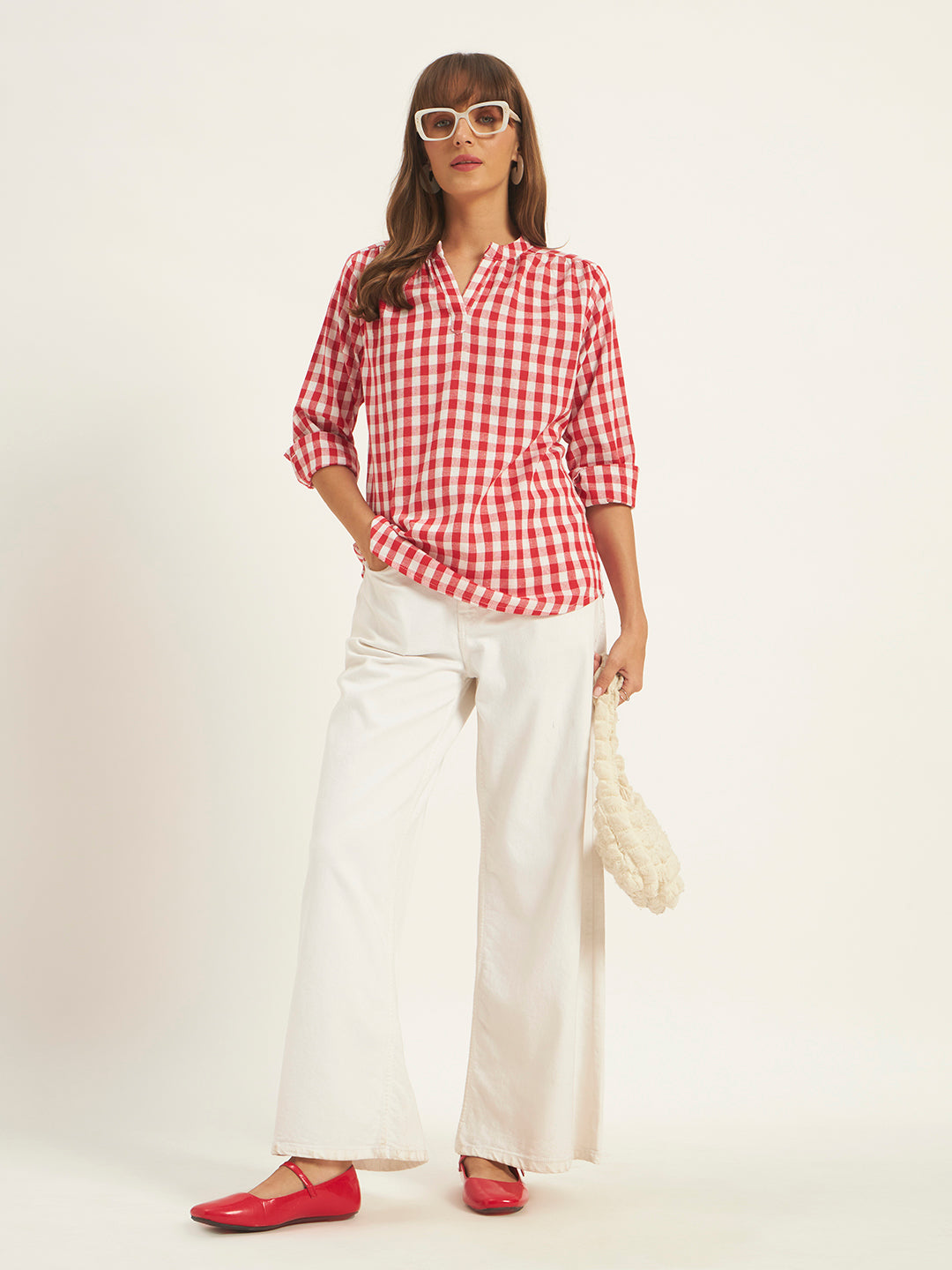 Women Red & White Checks Mandarin collar Shirt Top