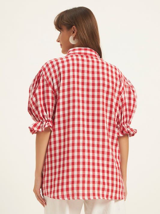 Women Red & White Checks Shirt Top