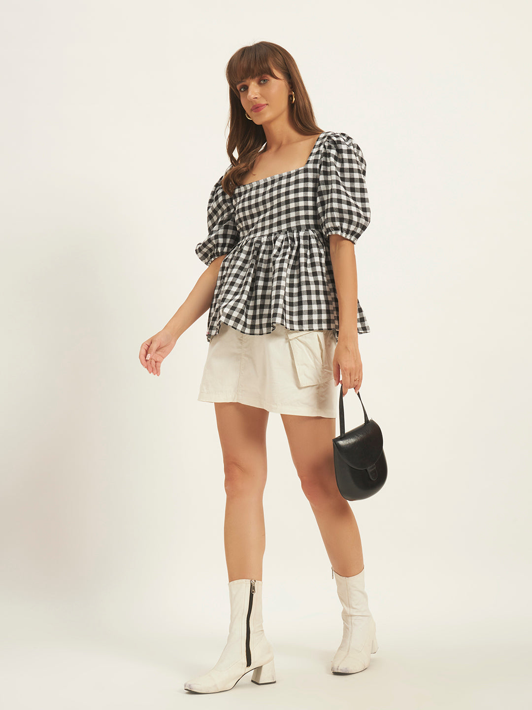 Women Black & White Checks Square Neck Top
