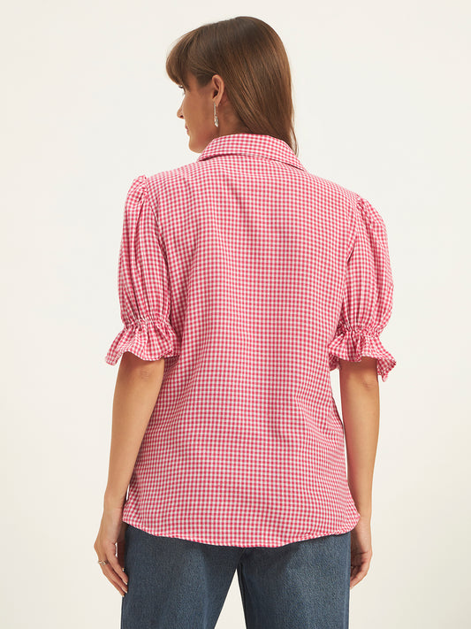 Women Pink & White Checks Shirt Top