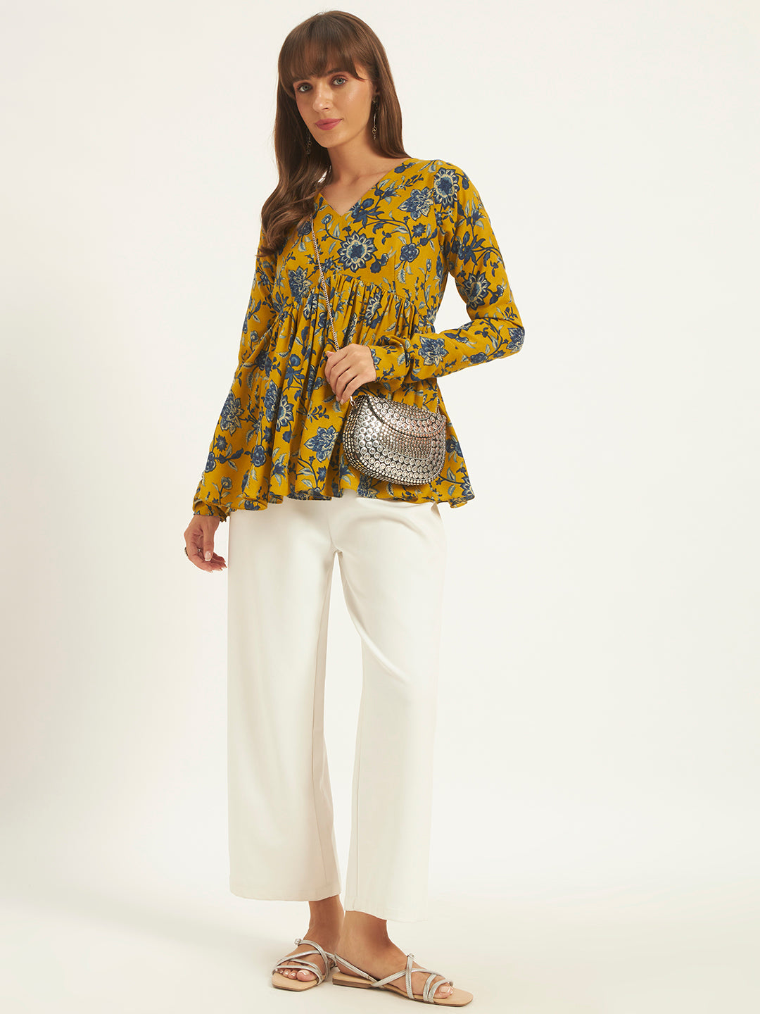 Women Floral Printed Mustard Tunic Top