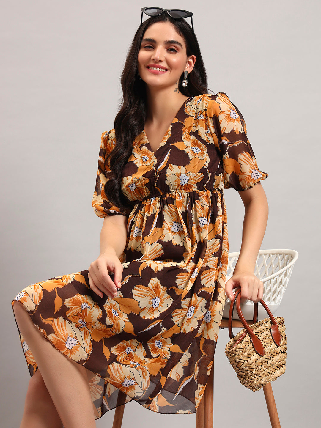 Women Brown Printed Flared Dress