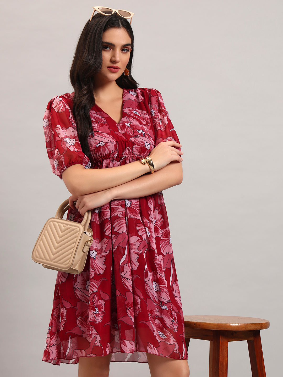 Women Maroon Printed Flared Dress