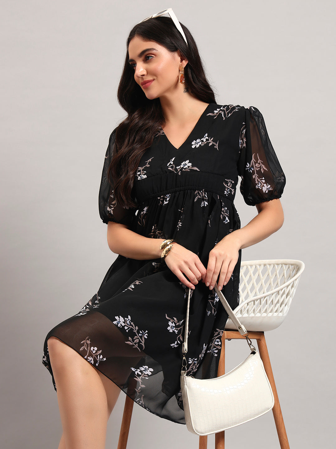 Women Black Printed Flared Dress