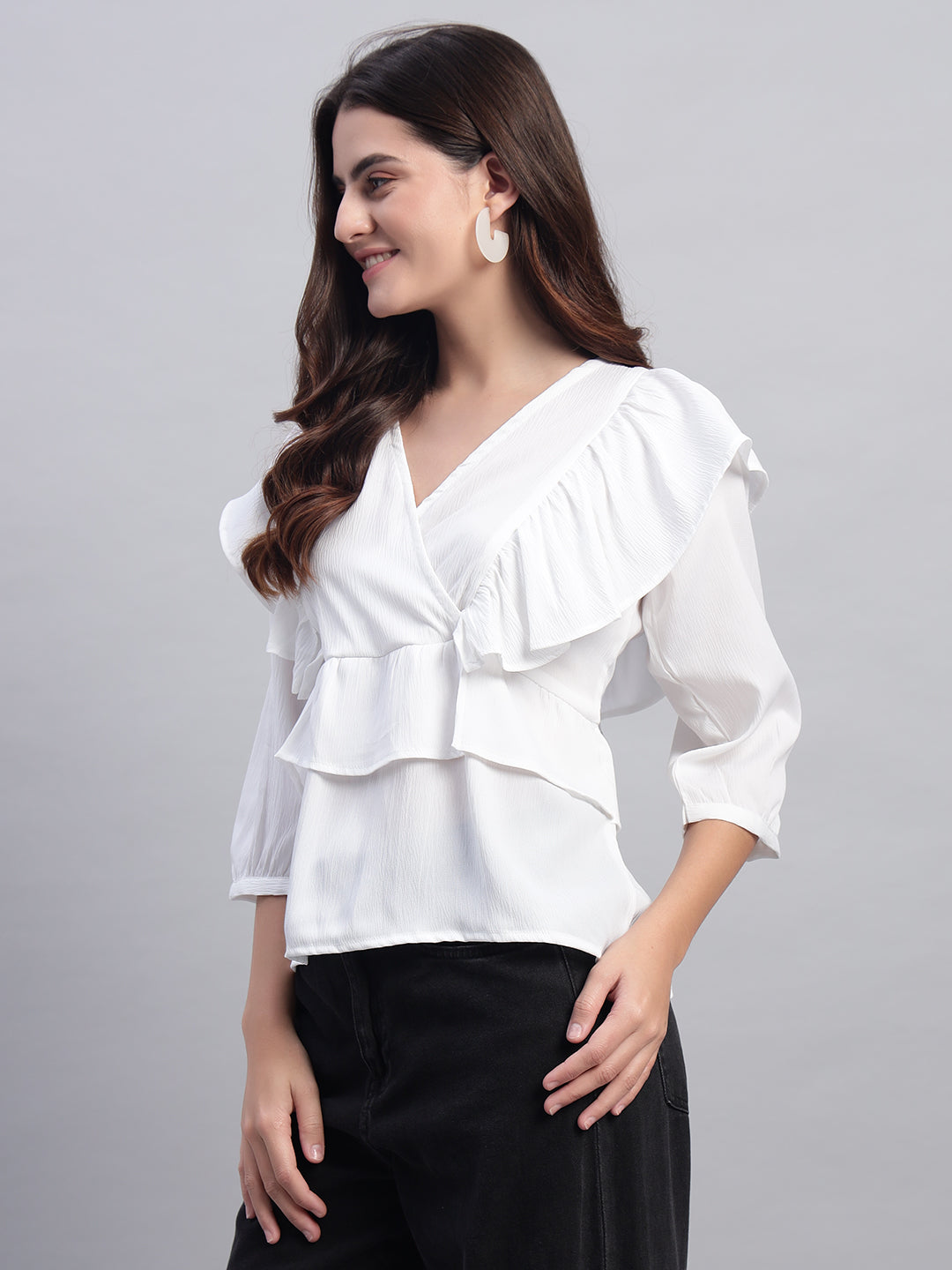 Women White V-neck Straight Sleeve Wrap Top