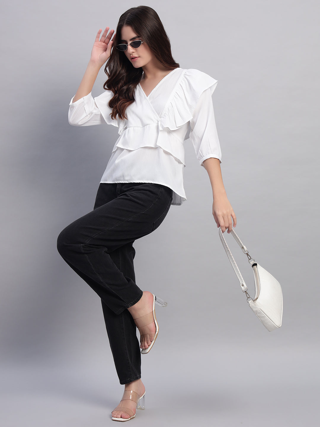 Women V-neck Frill Peplum Top