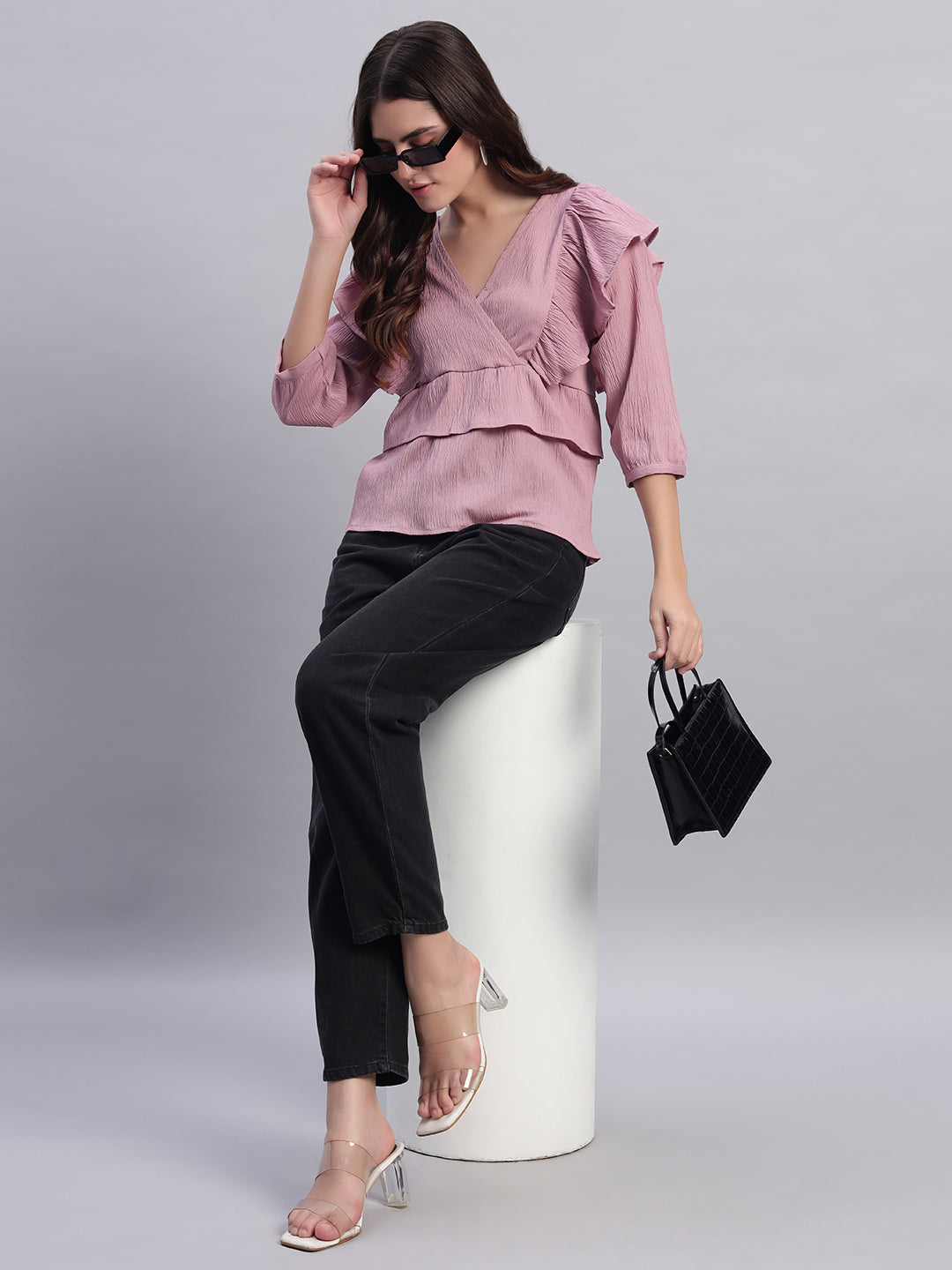 Women V-neck Frill Peplum Top