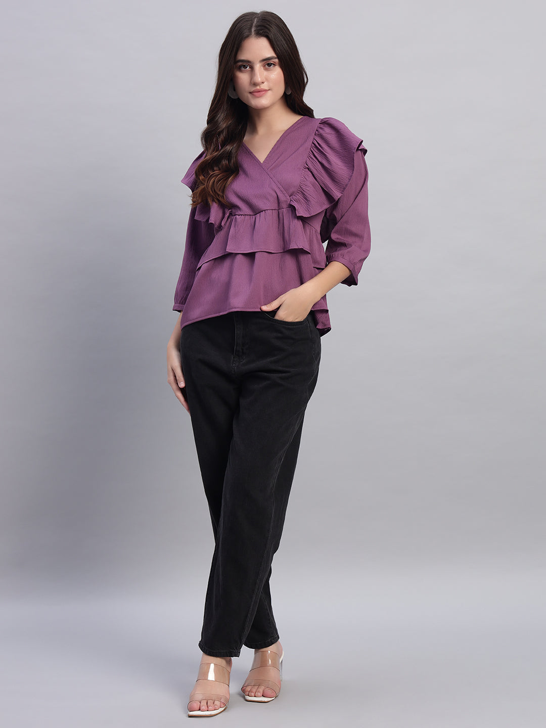Women V-neck Frill Peplum Top