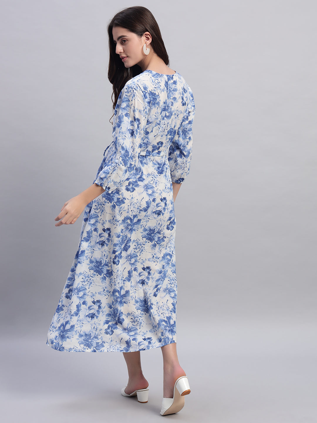 Women Blue Floral Tied Slit Dress