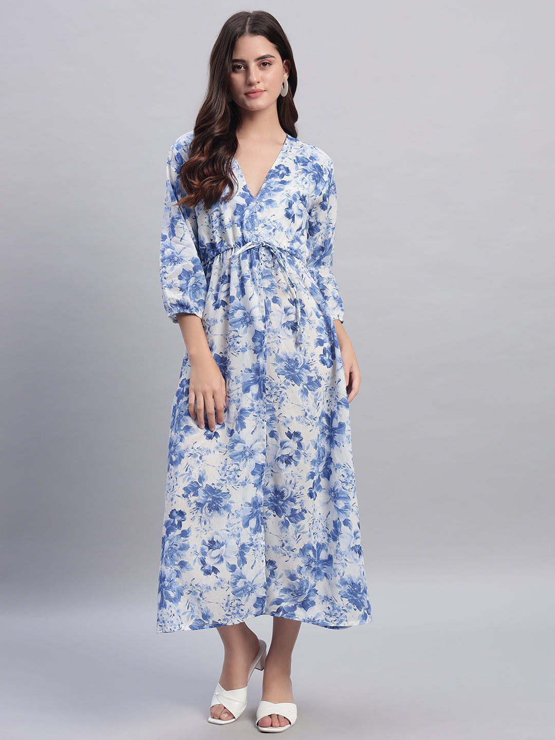 Women Blue Floral Tied Slit Dress