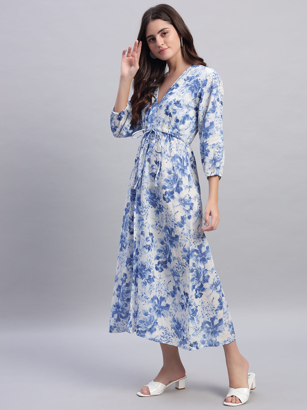 Women Blue Floral Tied Slit Dress