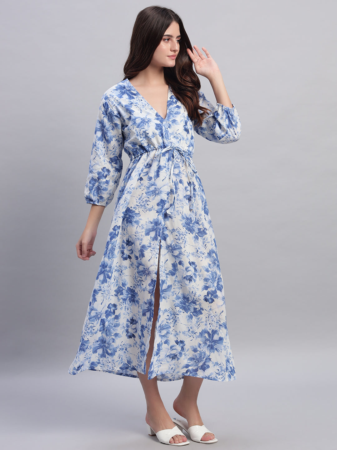 Women Blue Floral Tied Slit Dress