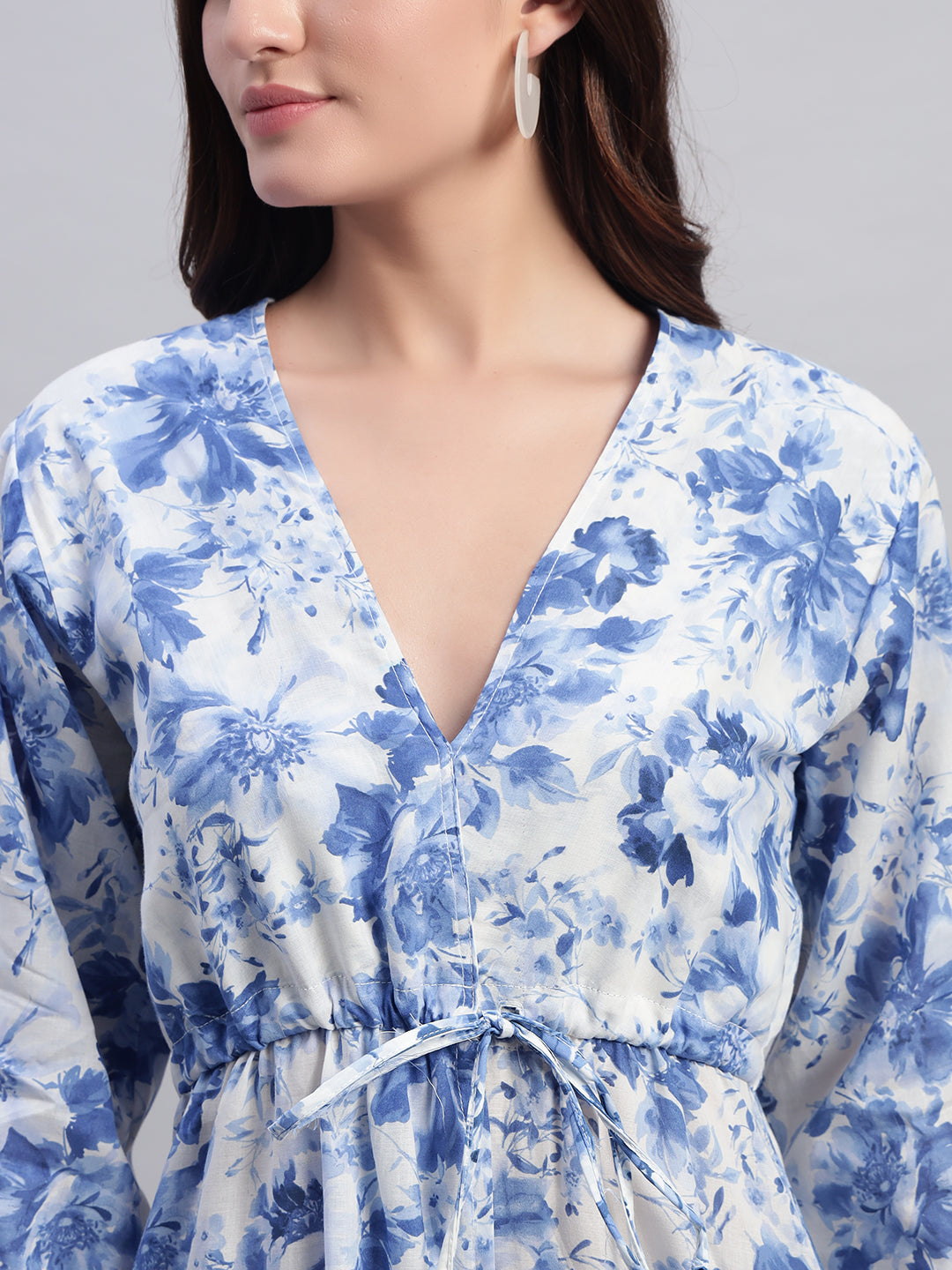Women Blue Floral Tied Slit Dress