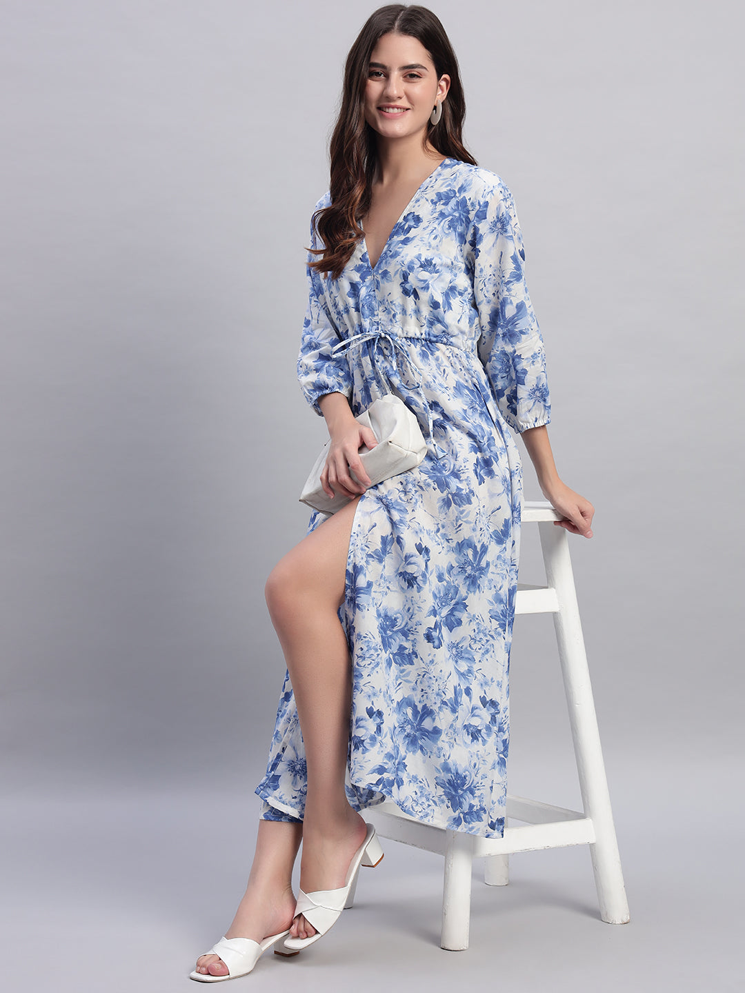 Women Blue Floral Tied Slit Dress