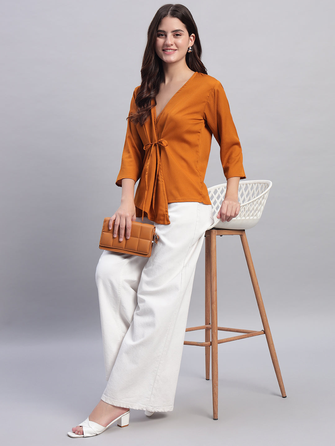 Women Mustard V-neck Straight Wrap Top