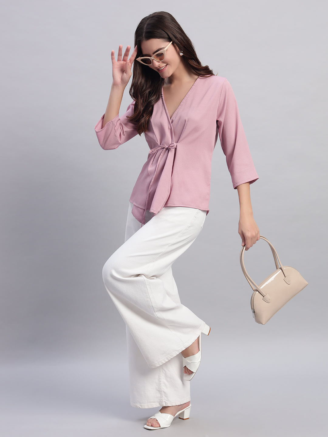 Women Pink V-neck Straight Wrap Top