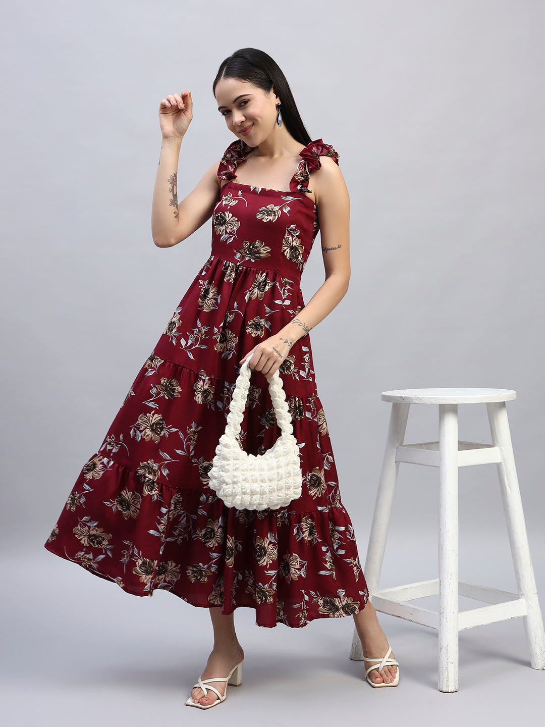 Red Floral Printed Flared Dress